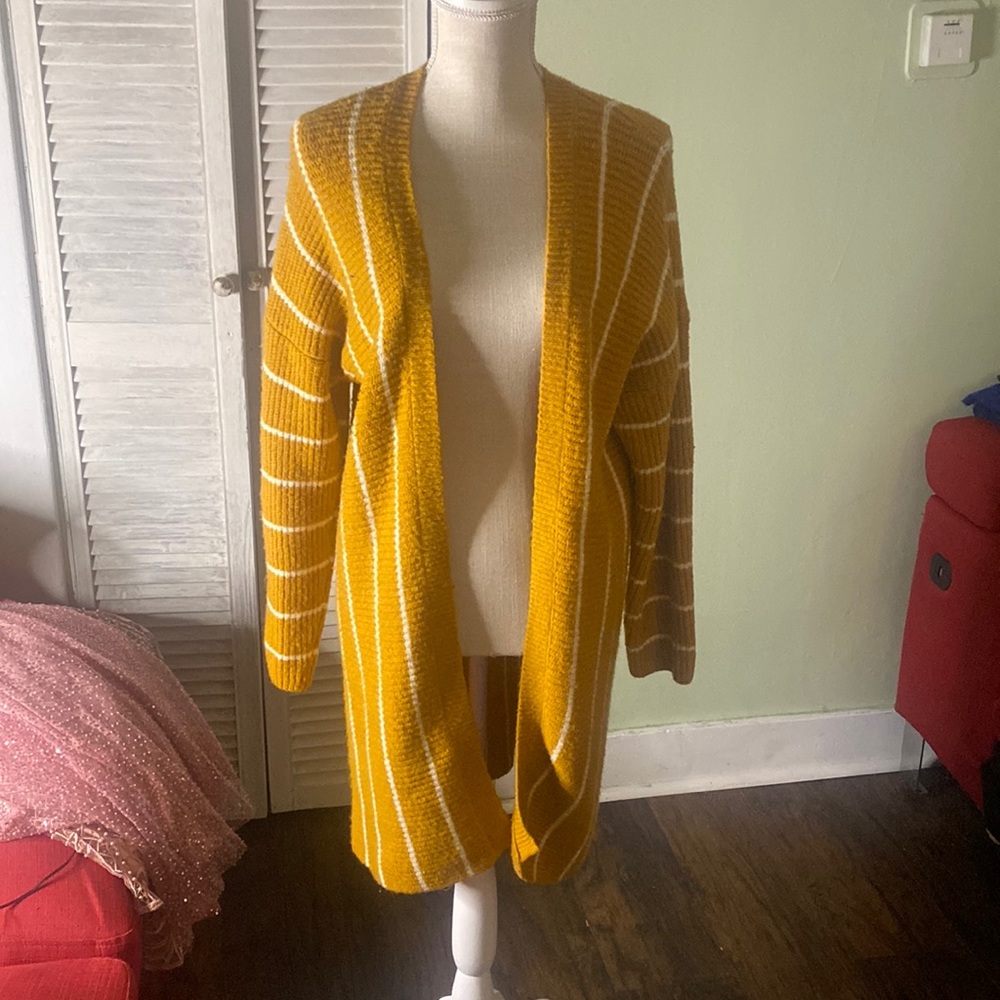 yellowish-orange & white  striped cardigan SUPER comfy and long with pocket!